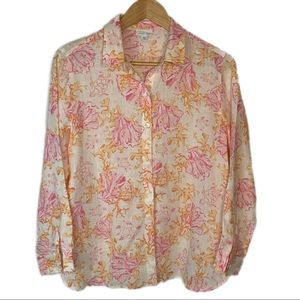 J. Jill Love Linen Small Coral/Turtle Print Long Sleeve Linen Button Dow…